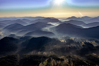 Aerial view of Morning mist in the Queichtal from the west in Spirkelbach in the state Rhineland-Palatinate, Germany