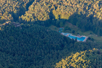 Aerial view of Wasgau outdoor pool Hauenstein in Hauenstein in the state Rhineland-Palatinate, Germany