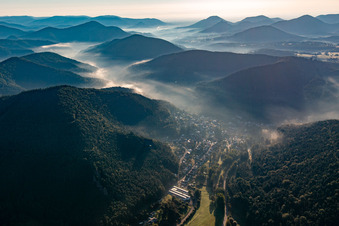 Morning mist in the Queichtal from the west in Lug in the state Rhineland-Palatinate, Germany