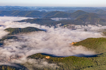 Morning mist in the Wieslautertal from the northeast in Schindhard in the state Rhineland-Palatinate, Germany