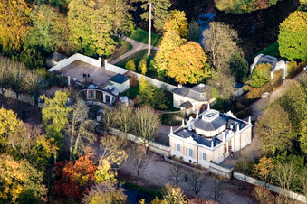 Aerial view of Bathhouse and Apollo Temple in the palace garden Schwetzingen in Schwetzingen in the state Baden-Wuerttemberg, Germany