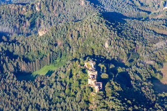 Aerial photograpy of Altdahn castle massif with Granfendahn and Tanstein castle ruins in Dahn in the state Rhineland-Palatinate, Germany
