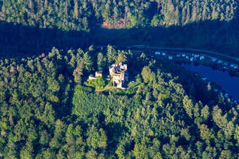 Aerial view of Neudahn Castle Ruins in Dahn in the state Rhineland-Palatinate, Germany