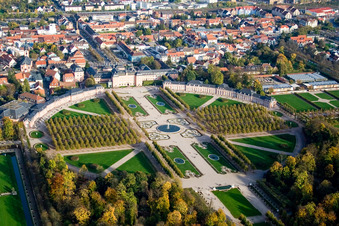 Drone recording of Castle Garden Schwetzingen in Schwetzingen in the state Baden-Wuerttemberg, Germany