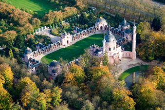 Mosque / Moorish temple in the castle garden Schwetzingen in Schwetzingen in the state Baden-Wuerttemberg, Germany seen from above