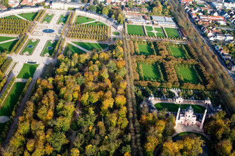 Bird's eye view of Mosque / Moorish temple in the castle garden Schwetzingen in Schwetzingen in the state Baden-Wuerttemberg, Germany