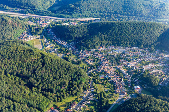 Aerial view of Place between mountains from the south in Hinterweidenthal in the state Rhineland-Palatinate, Germany