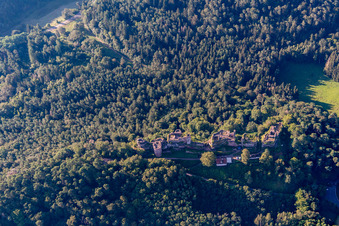 Altdahn castle massif with Granfendahn and Tanstein castle ruins in Dahn in the state Rhineland-Palatinate, Germany out of the air