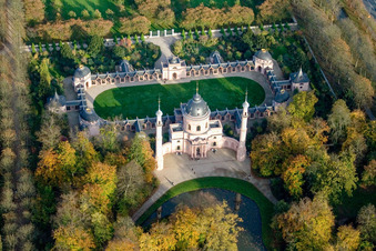 Mosque / Moorish temple in the castle garden Schwetzingen in Schwetzingen in the state Baden-Wuerttemberg, Germany viewn from the air