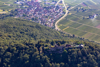 Madenburg, Remains of an 11th-century hilltop castle surrounded by forests with a restaurant from the west in Eschbach in the state Rhineland-Palatinate, Germany
