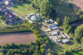 Aerial view of Tent and scales of Circus Probst at Klingbach in the district Klingen in Heuchelheim-Klingen in the state Rhineland-Palatinate, Germany