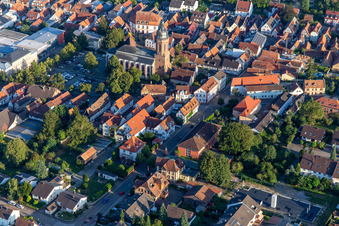 Market square and St. George's Church of the Protestant parish Kandel from the northwest in Kandel in the state Rhineland-Palatinate, Germany