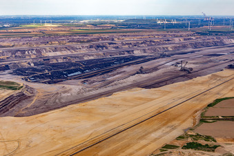 Aerial view of View of the Garzweiler open-cast lignite mine from the west in the district Keyenberg in Erkelenz in the state North Rhine-Westphalia, Germany