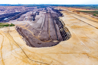 Aerial view of View of the Garzweiler opencast lignite mine from the north in the district Borschemich in Erkelenz in the state North Rhine-Westphalia, Germany