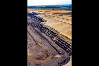 Aerial photograpy of View of the Garzweiler opencast lignite mine from the north in the district Borschemich in Erkelenz in the state North Rhine-Westphalia, Germany