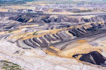 Interestingly colored layers of overburden and coal in the Garzweiler opencast lignite mine in the district Borschemich in Erkelenz in the state North Rhine-Westphalia, Germany from the plane