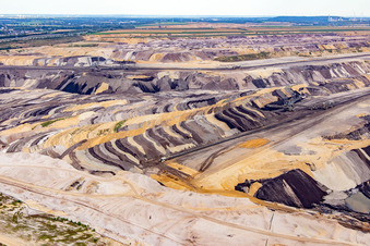 Bird's eye view of Interestingly colored layers of overburden and coal in the Garzweiler opencast lignite mine in the district Borschemich in Erkelenz in the state North Rhine-Westphalia, Germany