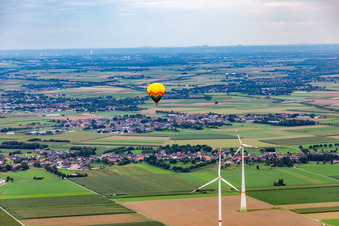 Hot air balloon at the wind farm in the district Straeten in Heinsberg in the state North Rhine-Westphalia, Germany