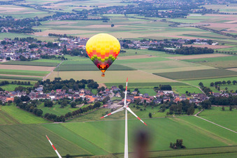 Aerial photograpy of Hot air balloon at the wind farm in the district Straeten in Heinsberg in the state North Rhine-Westphalia, Germany