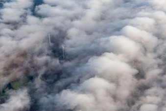 Wind farm at Minfeld partly in clouds in Minfeld in the state Rhineland-Palatinate, Germany from above