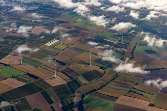 Aerial view of Wind farm at Freckenfeld with clouds in Freckenfeld in the state Rhineland-Palatinate, Germany