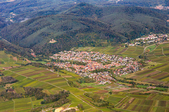 Aerial view of Town from the east in Klingenmünster in the state Rhineland-Palatinate, Germany
