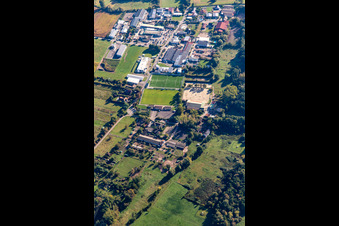 Aerial view of Industriestraße with TSV Fortuna football field in Billigheim-Ingenheim in the state Rhineland-Palatinate, Germany
