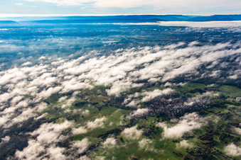 Aerial view of An island in the Bienwald under clouds in the district Büchelberg in Wörth am Rhein in the state Rhineland-Palatinate, Germany