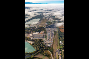 Aerial view of Effage Métal Usine de Lauterbourg and "Walon", one of the major customs transshipment points for car imports in Lauterbourg in the state Bas-Rhin, France