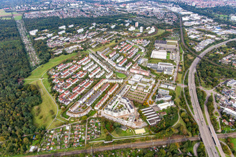 District between forest, railway and motorway access in the district Oberreut in Karlsruhe in the state Baden-Wuerttemberg, Germany
