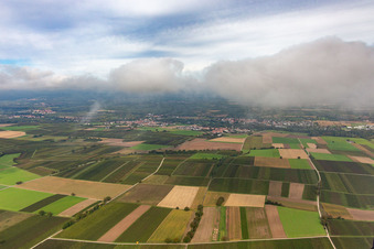 Village under autumn clouds from the south in the district Billigheim in Billigheim-Ingenheim in the state Rhineland-Palatinate, Germany