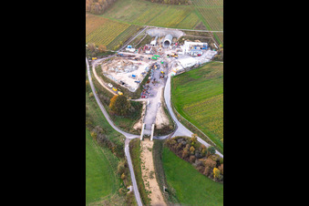 Drone recording of Construction site of the eastern tunnel portal for the Astrid Tunnel for the underpass and bypass of Bad Bergzabern between B38 (Weinstraße) and B427 (Kurtalstraße) in Dörrenbach in the state Rhineland-Palatinate, Germany