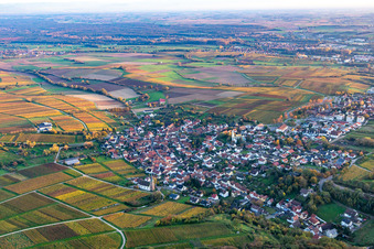 Village from the northwest in autumn leaves in the district Rechtenbach in Schweigen-Rechtenbach in the state Rhineland-Palatinate, Germany