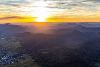 Sunset over the Palatinate Forest in the district Rechtenbach in Schweigen-Rechtenbach in the state Rhineland-Palatinate, Germany