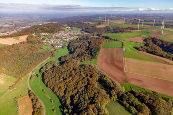 Village from the southwest below the Sickinger Höhe wind farm in Lambsborn in the state Rhineland-Palatinate, Germany