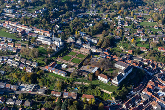 St. Anna and St. Philipp (castle church), orangery and baroque castle above the city in Blieskastel in the state Saarland, Germany seen from above