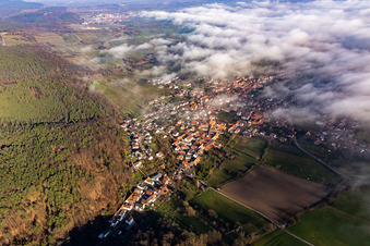 Aerial view of Village on the edge of the clouds in Oberotterbach in the state Rhineland-Palatinate, Germany