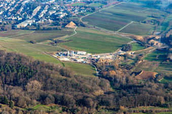Construction site of the eastern tunnel portal for the Astrid Tunnel for the underpass and bypass of Bad Bergzabern between B38 (Weinstraße) and B427 (Kurtalstraße) in Dörrenbach in the state Rhineland-Palatinate, Germany from the drone perspective