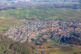 Wine village on the edge of the Haardt from the southwest in Klingenmünster in the state Rhineland-Palatinate, Germany