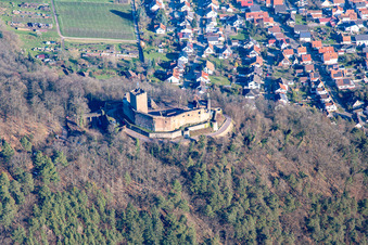 Haardtrand with the Landeck castle ruins from the west in Klingenmünster in the state Rhineland-Palatinate, Germany