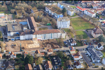 Aerial photograpy of Construction site for the renovation of the Asklpios Südpfalzkliniken in Kandel in the state Rhineland-Palatinate, Germany