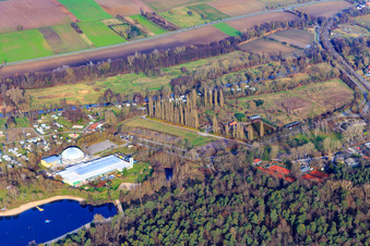 Aerial view of Beach and camping at the Moby Dick leisure center in Rülzheim in the state Rhineland-Palatinate, Germany