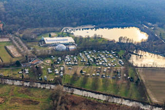 Beach and camping at the Moby Dick leisure center in Rülzheim in the state Rhineland-Palatinate, Germany from above