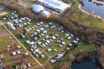 Beach and camping at the Moby Dick leisure center in Rülzheim in the state Rhineland-Palatinate, Germany from the plane