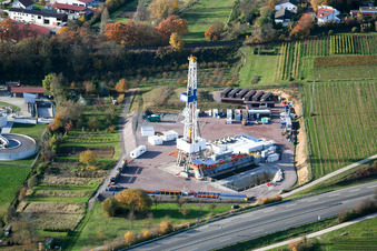 Aerial view of Drilling rig at the geothermal power plant Insheim in Insheim in the state Rhineland-Palatinate, Germany