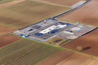 Bird's eye view of Construction site of the V20 deep drilling site of Vulcan Energy at Schleidberg for the extraction of geothermal energy and lithium in Insheim in the state Rhineland-Palatinate, Germany