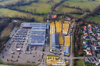 Aerial view of Engel&Engelk GmbH Car dealership and fashion park Röther in the Südpfalz Center in Rohrbach in the state Rhineland-Palatinate, Germany