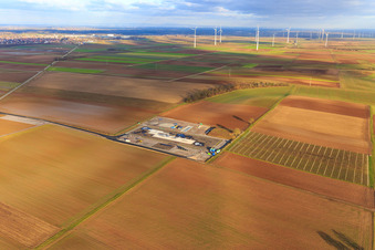 Drone image of Construction site of the V20 deep drilling site of Vulcan Energy at Schleidberg for the extraction of geothermal energy and lithium in Insheim in the state Rhineland-Palatinate, Germany