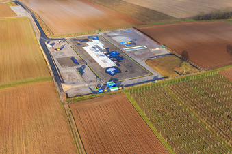 Construction site of the V20 deep drilling site of Vulcan Energy at Schleidberg for the extraction of geothermal energy and lithium in Insheim in the state Rhineland-Palatinate, Germany from the drone perspective
