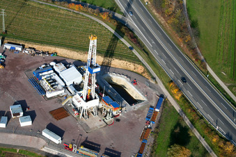 Drilling rig at the geothermal power plant Insheim in Insheim in the state Rhineland-Palatinate, Germany out of the air